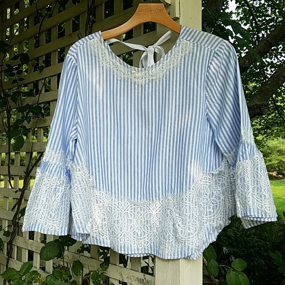 Zara Blue & White Striped Blouse with Lace